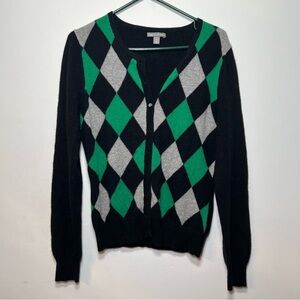 Apt. 9 Black, Green & Gray Argyle Preppy Cashmere Button-Up Cardigan Sweater M